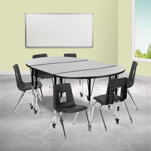 Emmy Mobile 76" Oval Wave Flexible Laminate Activity Table Set with 16" Student Stack Chairs, Grey/Black [FLF-XU-GRP-16CH-A3048CON-48-GY-T-A-CAS-GG]