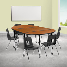 Emmy Mobile 76" Oval Wave Flexible Laminate Activity Table Set with 16" Student Stack Chairs, Oak/Black [FLF-XU-GRP-16CH-A3048CON-48-OAK-T-A-CAS-GG]