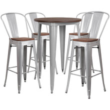 30" Round Silver Metal Bar Table Set with Wood Top and 4 Stools [FLF-CH-WD-TBCH-11-GG]