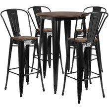 30" Round Black Metal Bar Table Set with Wood Top and 4 Stools [FLF-CH-WD-TBCH-25-GG]