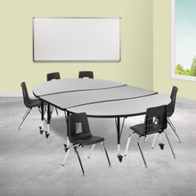 Emmy Mobile 86" Oval Wave Flexible Laminate Activity Table Set with 14" Student Stack Chairs, Grey/Black [FLF-XU-GRP-14CH-A3060CON-60-GY-T-P-CAS-GG]