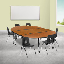 Emmy Mobile 86" Oval Wave Flexible Laminate Activity Table Set with 14" Student Stack Chairs, Oak/Black [FLF-XU-GRP-14CH-A3060CON-60-OAK-T-P-CAS-GG]