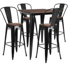 31.5" Square Black Metal Bar Table Set with Wood Top and 4 Stools [FLF-CH-WD-TBCH-19-GG]