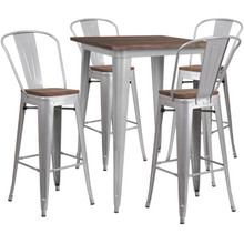 31.5" Square Silver Metal Bar Table Set with Wood Top and 4 Stools [FLF-CH-WD-TBCH-5-GG]