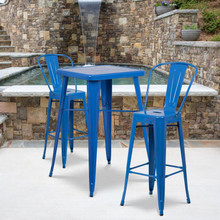 Commercial Grade 23.75" Square Blue Metal Indoor-Outdoor Bar Table Set with 2 Stools with Backs [FLF-CH-31330B-2-30GB-BL-GG]