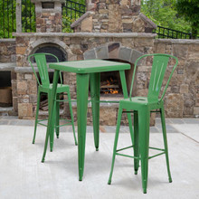 Commercial Grade 23.75" Square Green Metal Indoor-Outdoor Bar Table Set with 2 Stools with Backs [FLF-CH-31330B-2-30GB-GN-GG]