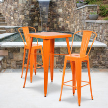 Commercial Grade 23.75" Square Orange Metal Indoor-Outdoor Bar Table Set with 2 Stools with Backs [FLF-CH-31330B-2-30GB-OR-GG]