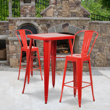 Commercial Grade 23.75" Square Red Metal Indoor-Outdoor Bar Table Set with 2 Stools with Backs [FLF-CH-31330B-2-30GB-RED-GG]