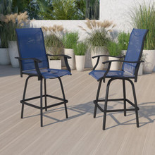 Valerie Patio Bar Height Stools Set of 2, All-Weather Textilene Swivel Patio Stools with High Back & Armrests in Navy [FLF-2-ET-SWVLPTO-30-NV-GG]