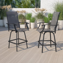 Valerie Patio Bar Height Stools Set of 2, All-Weather Textilene Swivel Patio Stools with High Back & Armrests in Gray [FLF-2-ET-SWVLPTO-30-GR-GG]