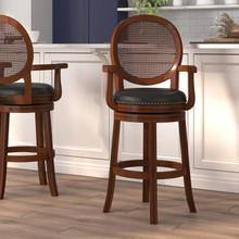 30'' High Expresso Wood Barstool with Arms, Woven Rattan Back and Black LeatherSoft Swivel Seat [FLF-TA-550430-E-GG]