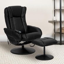 Massaging Multi-Position Plush Recliner with Side Pocket and Ottoman in Black LeatherSoft [FLF-BT-7672-MASSAGE-BK-GG]
