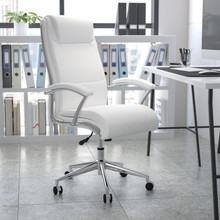 High Back Designer White LeatherSoft Smooth Upholstered Executive Swivel Office Chair with Chrome Base and Arms [FLF-GO-2192-WH-GG]