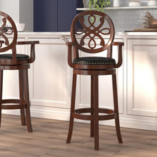 30'' High Brandy Wood Barstool with Arms, Carved Back and Black LeatherSoft Swivel Seat [FLF-TA-550230-BDY-GG]