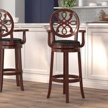 30'' High Cherry Wood Barstool with Arms, Carved Back and Black LeatherSoft Swivel Seat [FLF-TA-550230-CHY-GG]