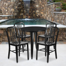 Commercial Grade 30" Round Black Metal Indoor-Outdoor Table Set with 4 Vertical Slat Back Chairs [FLF-CH-51090TH-4-18VRT-BK-GG]