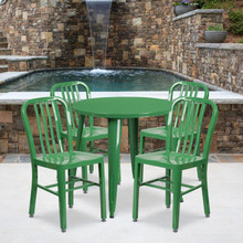 Commercial Grade 30" Round Green Metal Indoor-Outdoor Table Set with 4 Vertical Slat Back Chairs [FLF-CH-51090TH-4-18VRT-GN-GG]