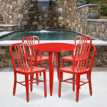 Commercial Grade 30" Round Red Metal Indoor-Outdoor Table Set with 4 Vertical Slat Back Chairs [FLF-CH-51090TH-4-18VRT-RED-GG]