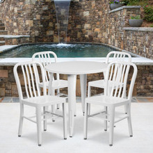 Commercial Grade 30" Round White Metal Indoor-Outdoor Table Set with 4 Vertical Slat Back Chairs [FLF-CH-51090TH-4-18VRT-WH-GG]