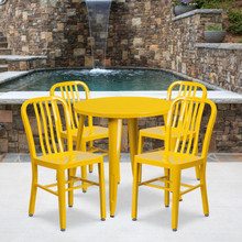 Commercial Grade 30" Round Yellow Metal Indoor-Outdoor Table Set with 4 Vertical Slat Back Chairs [FLF-CH-51090TH-4-18VRT-YL-GG]