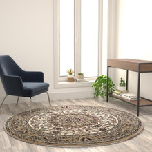 Mersin Collection Persian Style 5x5 Ivory Round Area Rug-Olefin Rug with Jute Backing-Hallway, Entryway, Bedroom, Living Room [FLF-NR-RG281-55-IV-GG]