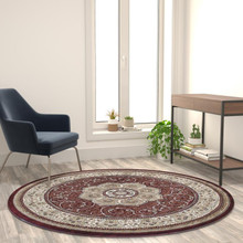 Portman Collection Persian Style 5' x 5' Round Burgundy Area Rug - Olefin Rug with Jute Backing - Entryway, Bedroom, Living Room [FLF-NR-RGB404-55R-BU-GG]
