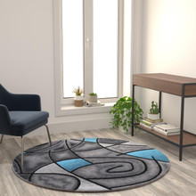 Jubilee Collection 5' x 5' Round Blue Abstract Area Rug - Olefin Rug with Jute Backing - Living Room, Bedroom, Family Room [FLF-ACD-RGTRZ860-55-BL-GG]