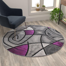 Jubilee Collection 5' x 5' Round Purple Abstract Area Rug - Olefin Rug with Jute Backing - Living Room, Bedroom, Family Room [FLF-ACD-RGTRZ860-55-PU-GG]