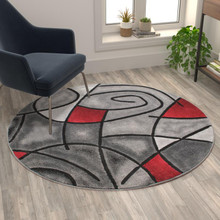 Jubilee Collection 5' x 5' Round Red Abstract Area Rug - Olefin Rug with Jute Backing - Living Room, Bedroom, Family Room [FLF-ACD-RGTRZ860-55-RD-GG]