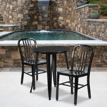 Commercial Grade 24" Round Black Metal Indoor-Outdoor Table Set with 2 Vertical Slat Back Chairs [FLF-CH-51080TH-2-18VRT-BK-GG]
