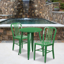 Commercial Grade 24" Round Green Metal Indoor-Outdoor Table Set with 2 Vertical Slat Back Chairs [FLF-CH-51080TH-2-18VRT-GN-GG]