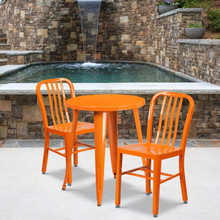 Commercial Grade 24" Round Orange Metal Indoor-Outdoor Table Set with 2 Vertical Slat Back Chairs [FLF-CH-51080TH-2-18VRT-OR-GG]