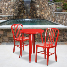 Commercial Grade 24" Round Red Metal Indoor-Outdoor Table Set with 2 Vertical Slat Back Chairs [FLF-CH-51080TH-2-18VRT-RED-GG]