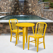 Commercial Grade 24" Round Yellow Metal Indoor-Outdoor Table Set with 2 Vertical Slat Back Chairs [FLF-CH-51080TH-2-18VRT-YL-GG]