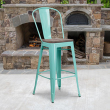 30" High Mint Green Metal Barstool with Back and Wood Seat [FLF-ET-3534-30-MINT-WD-GG]