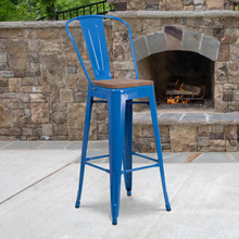 30" High Blue Metal Barstool with Back and Wood Seat [FLF-CH-31320-30GB-BL-WD-GG]