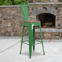 30" High Green Metal Barstool with Back and Wood Seat [FLF-CH-31320-30GB-GN-WD-GG]