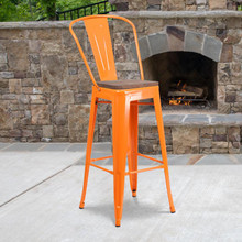 30" High Orange Metal Barstool with Back and Wood Seat [FLF-CH-31320-30GB-OR-WD-GG]