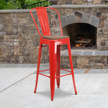 30" High Red Metal Barstool with Back and Wood Seat [FLF-CH-31320-30GB-RED-WD-GG]