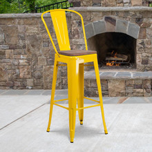 30" High Yellow Metal Barstool with Back and Wood Seat [FLF-CH-31320-30GB-YL-WD-GG]