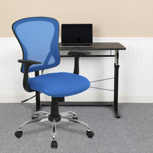 Mid-Back Blue Mesh Swivel Task Office Chair with Chrome Base and Arms [FLF-H-8369F-BL-GG]