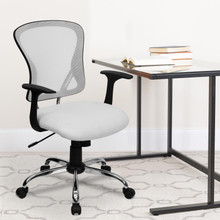 Mid-Back White Mesh Swivel Task Office Chair with Chrome Base and Arms [FLF-H-8369F-WHT-GG]