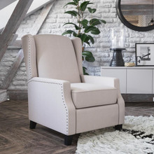Prescott Traditional Style Slim Push Back Recliner Chair-Wingback Recliner with Cream Fabric Upholstery-Accent Nail Trim [FLF-BO-BS7002-1-CREAM-GG]