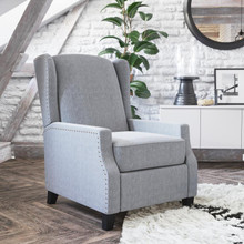 Prescott Traditional Style Slim Push Back Recliner Chair-Wingback Recliner with Gray Polyester Fabric Upholstery-Accent Nail Trim [FLF-BO-BS7002-1-GY-GG]