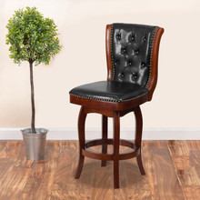 26'' High Cherry Wood Counter Height Stool with Button Tufted Back and Black LeatherSoft Swivel Seat [FLF-TA-240126-CHY-GG]