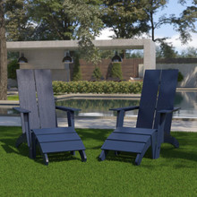 Set of 2 Sawyer Modern All-Weather Poly Resin Wood Adirondack Chairs with Foot Rests in Navy [FLF-2-JJ-C14509-14309-NV-GG]
