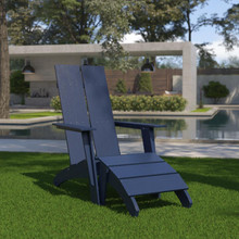 Sawyer Modern All-Weather Poly Resin Wood Adirondack Chair with Foot Rest in Navy [FLF-JJ-C14509-14309-NV-GG]