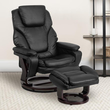 Contemporary Multi-Position Recliner and Ottoman with Swivel Mahogany Wood Base in Black LeatherSoft [FLF-BT-70222-BK-FLAIR-GG]