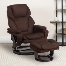 Contemporary Multi-Position Recliner and Ottoman with Swivel Mahogany Wood Base in Brown Microfiber [FLF-BT-70222-MIC-FLAIR-GG]
