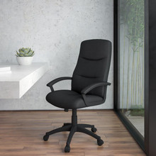 High Back Black Fabric Executive Swivel Office Chair with Two Line Horizontal Stitch Back and Arms [FLF-BT-134A-BK-GG]
